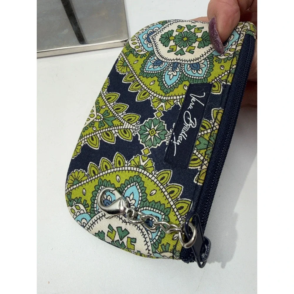 Vera Bradley Zip ID Case Provencal Blue Green Floral Paisley Keychain Wallet
